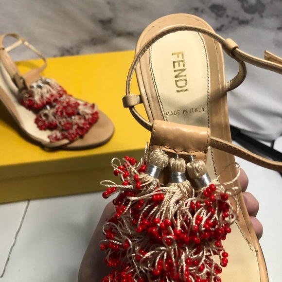 FENDI Red Beaded T-Strap Wedges - Picture 2 of 8